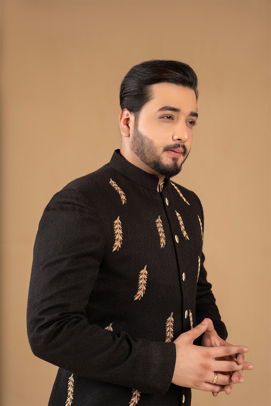Black Adda Work Suiting Fabric Sherwani (2-Piece) - Image 4