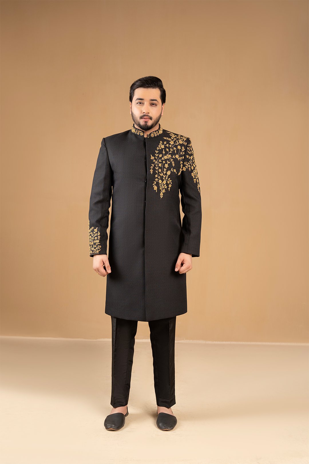 Black Adda Embroidered Suiting Fabric Sherwani (2-Piece) - Image 1