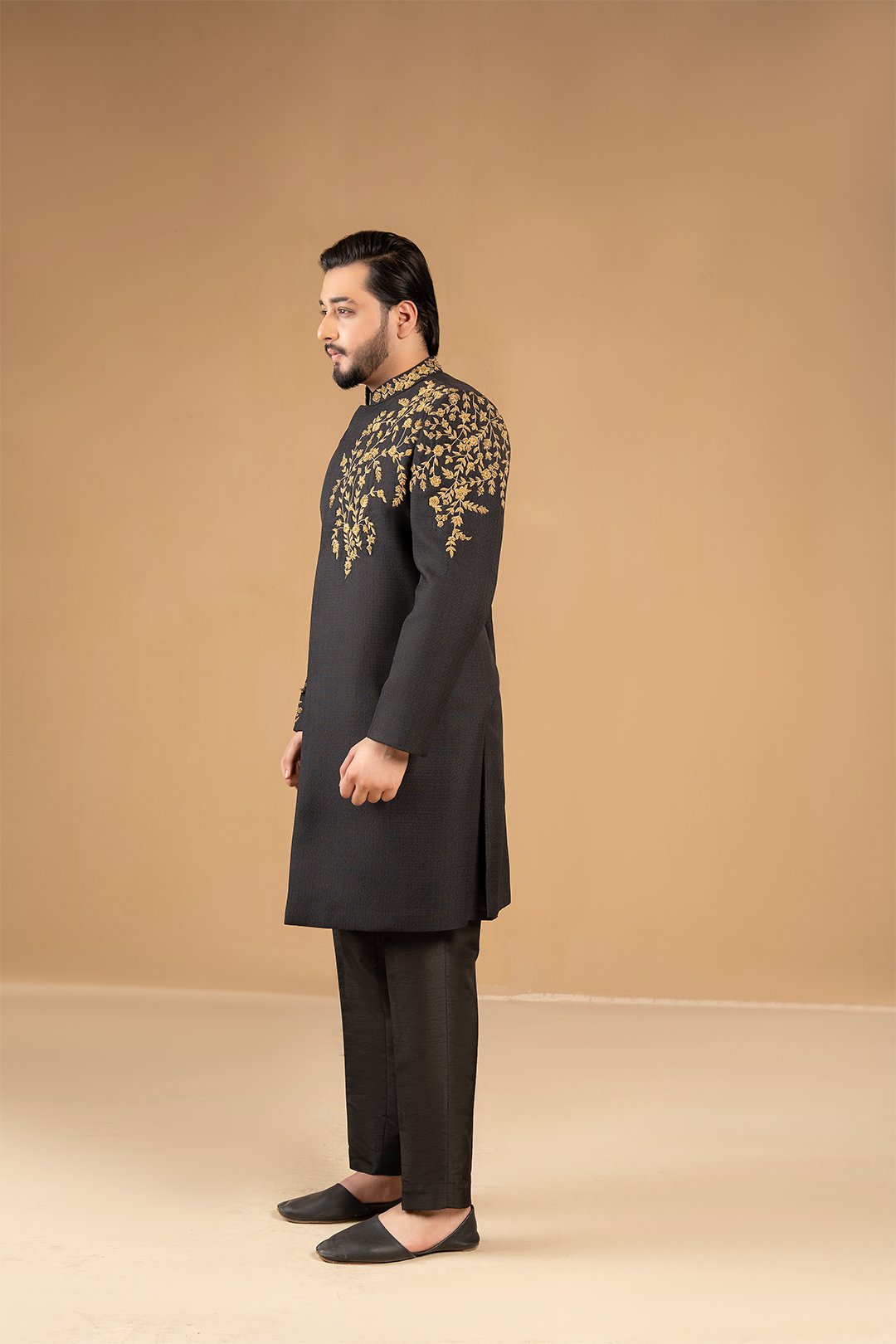 Black Adda Embroidered Suiting Fabric Sherwani (2-Piece) - Image 2