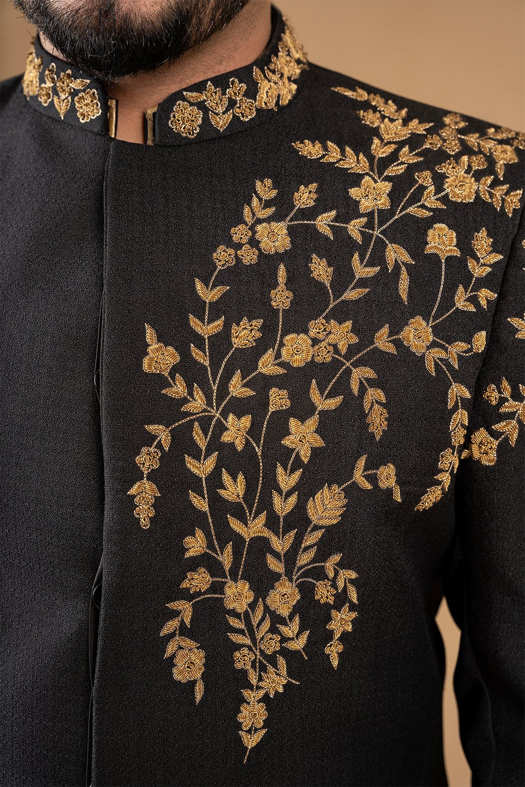 Black Adda Embroidered Suiting Fabric Sherwani (2-Piece) - Image 4
