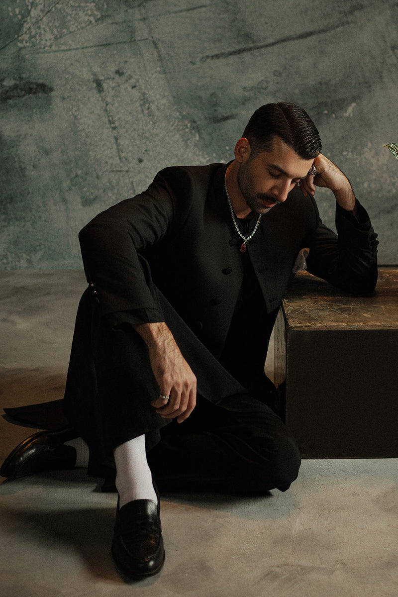 Black Suiting Quaid-Style Achkan Sherwani (2-Piece) - Image 11