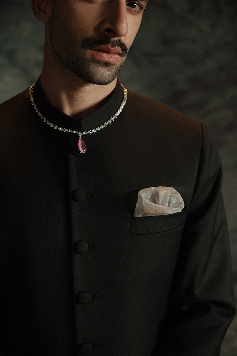 Black Suiting Quaid-Style Achkan Sherwani (2-Piece) - Image 2