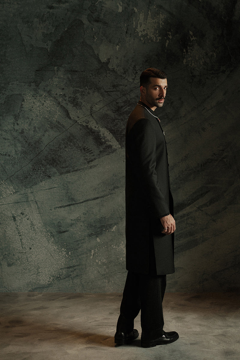 Black Suiting Quaid-Style Achkan Sherwani (2-Piece) - Image 5
