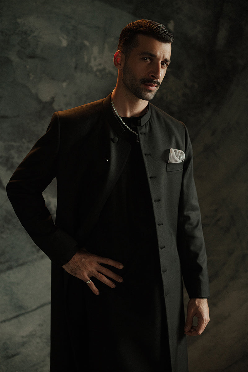 Black Suiting Quaid-Style Achkan Sherwani (2-Piece) - Image 7