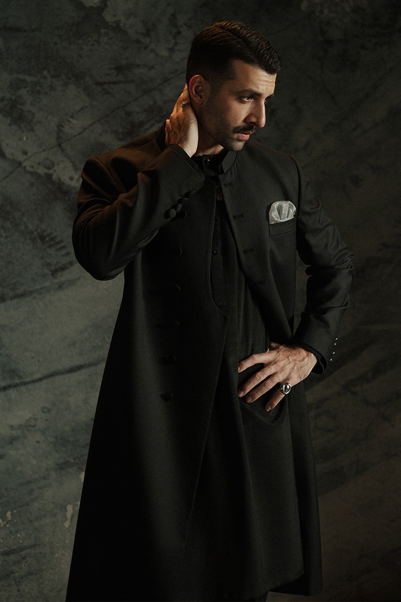 Black Suiting Quaid-Style Achkan Sherwani (2-Piece) - Image 8