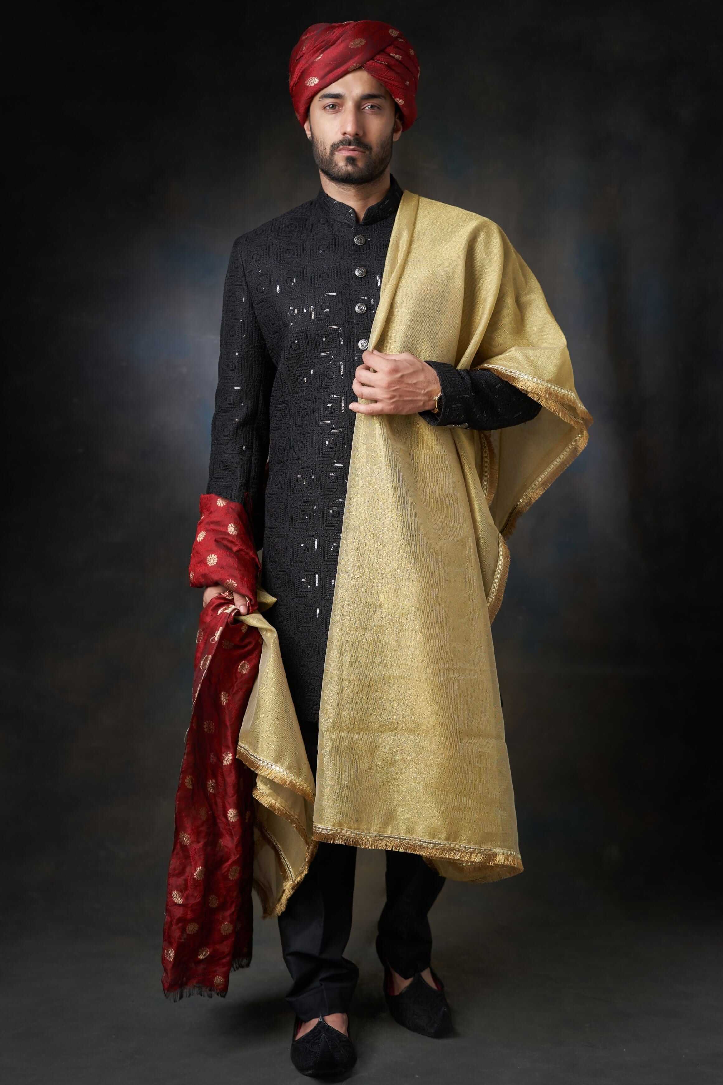 Jet Black Embroidered Suiting Achkan Sherwani (3-Piece) - Image 1