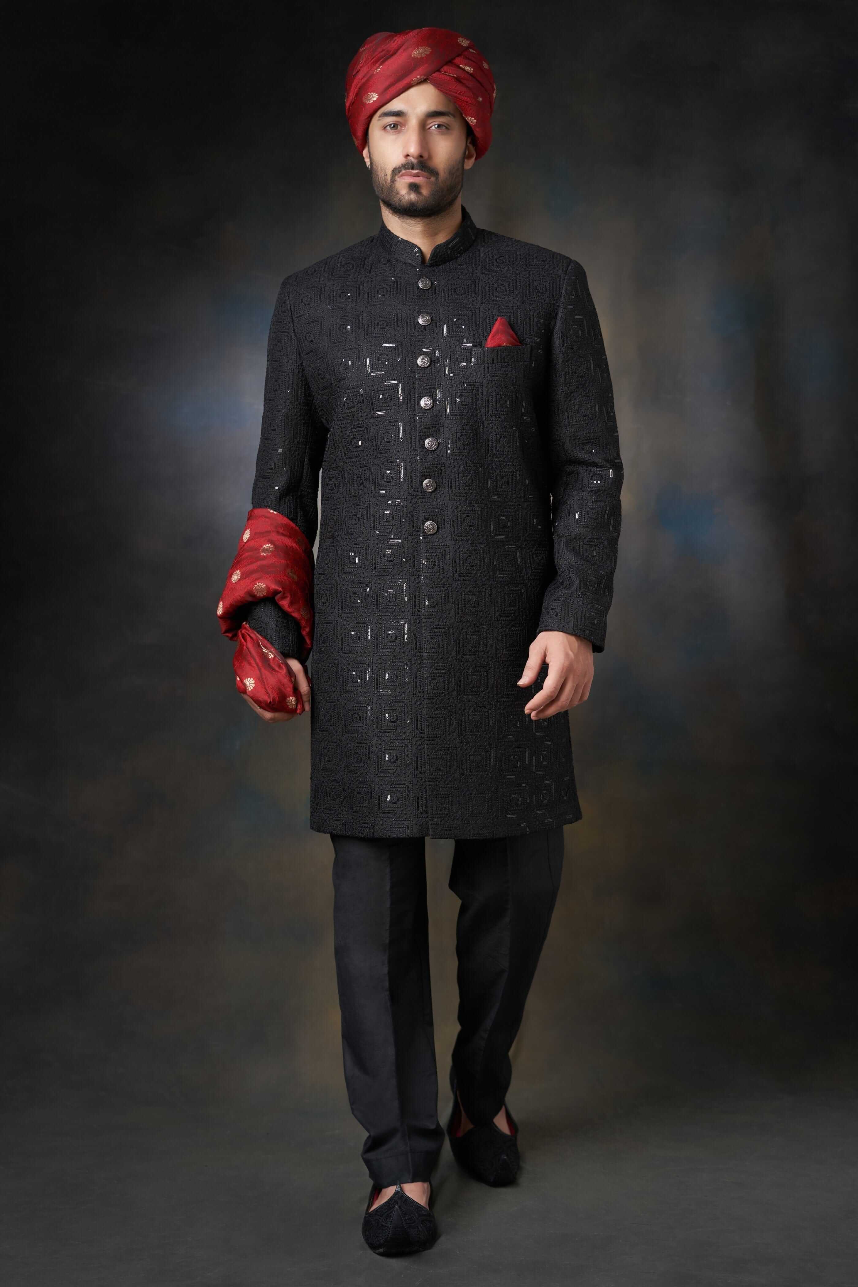 Jet Black Embroidered Suiting Achkan Sherwani (3-Piece) - Image 2