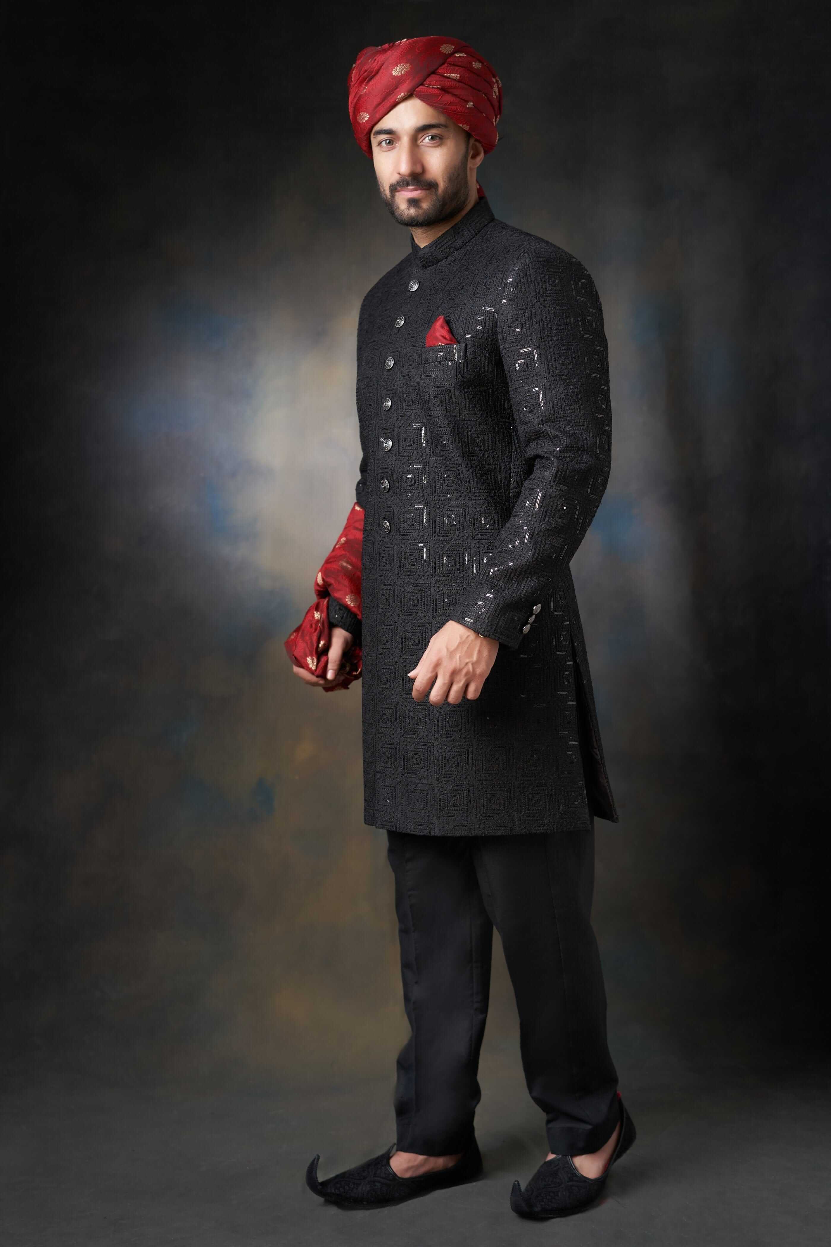Jet Black Embroidered Suiting Achkan Sherwani (3-Piece) - Image 3