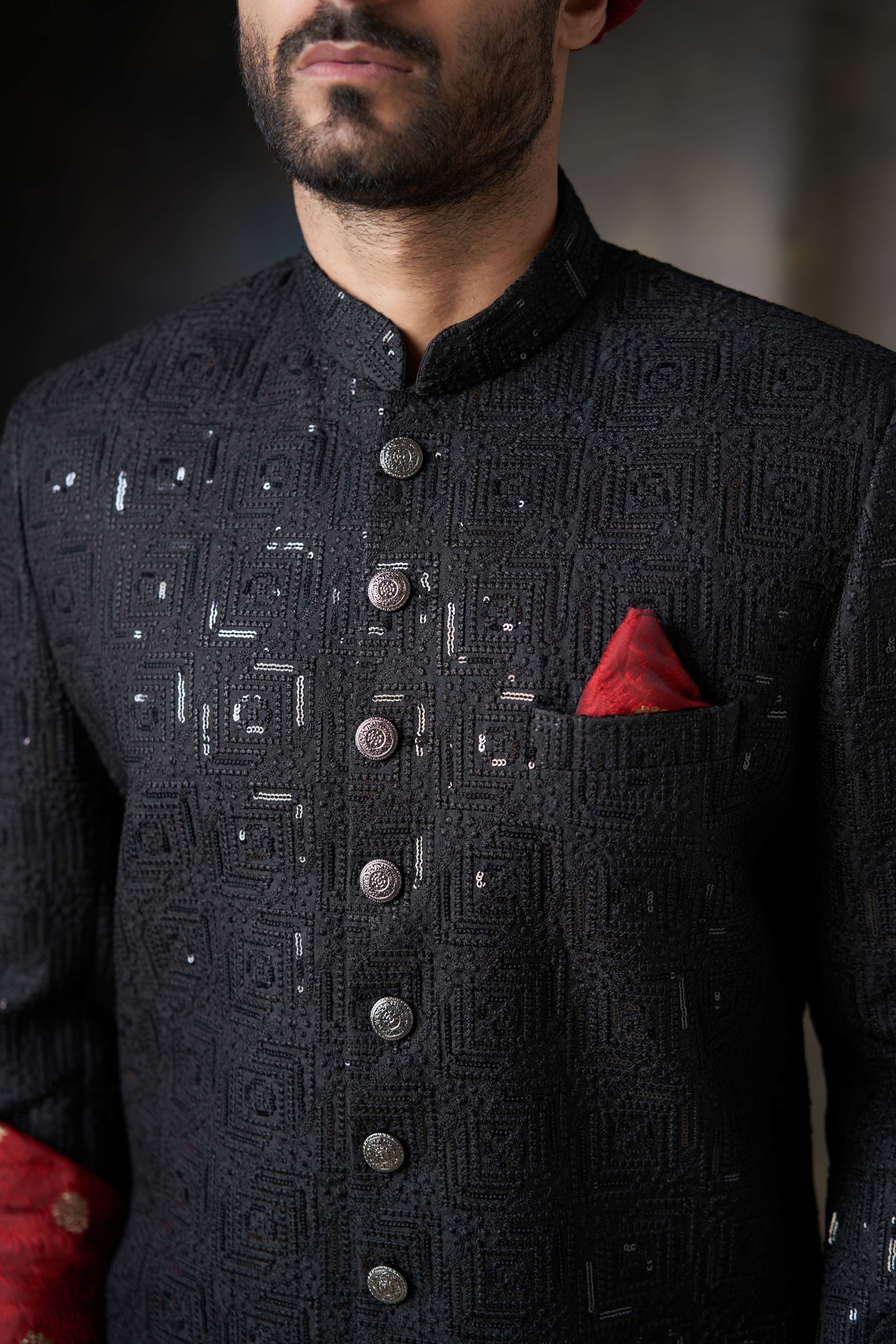 Jet Black Embroidered Suiting Achkan Sherwani (3-Piece) - Image 4