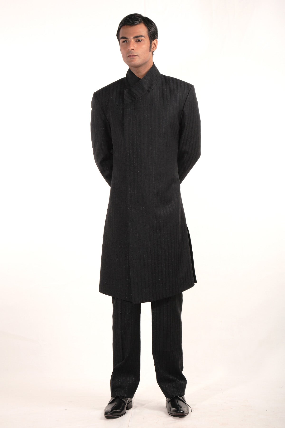 Black Textured Fine Suiting Sherwani (2-Piece) - Image 1