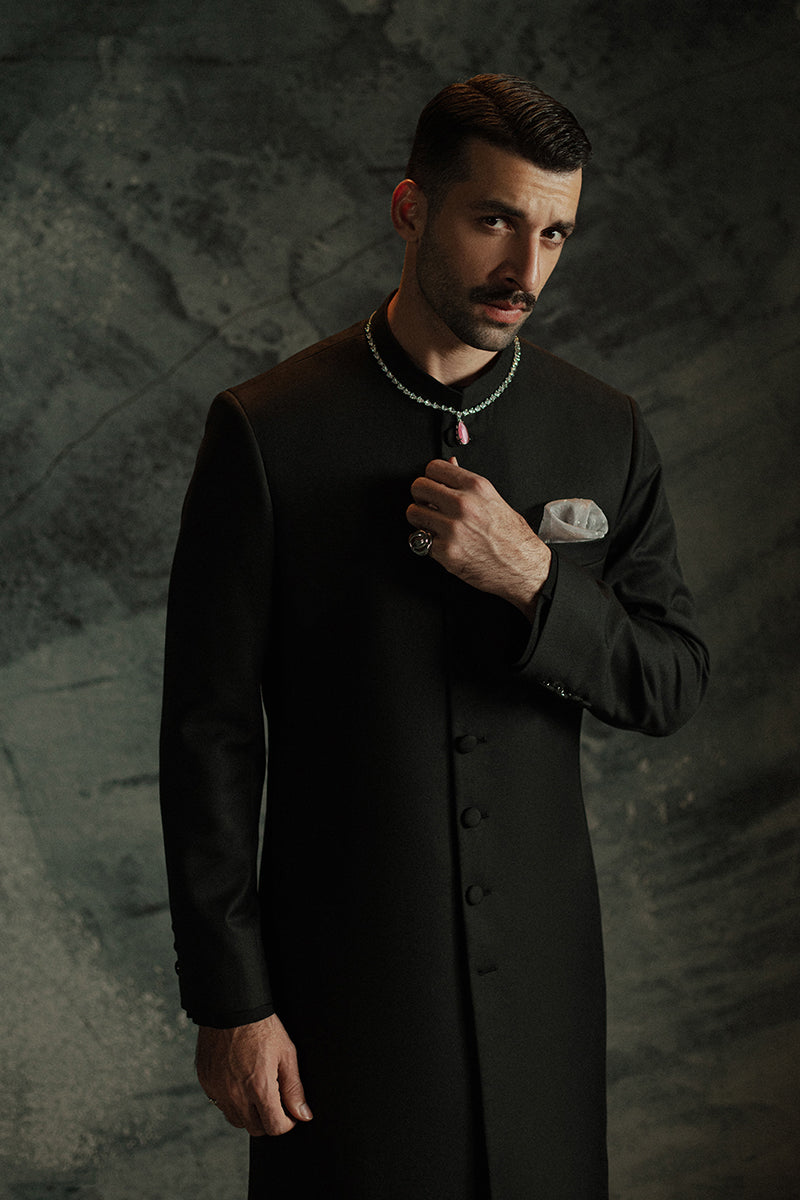 Black Suiting Quaid-Style Achkan Sherwani (2-Piece) - Image 3