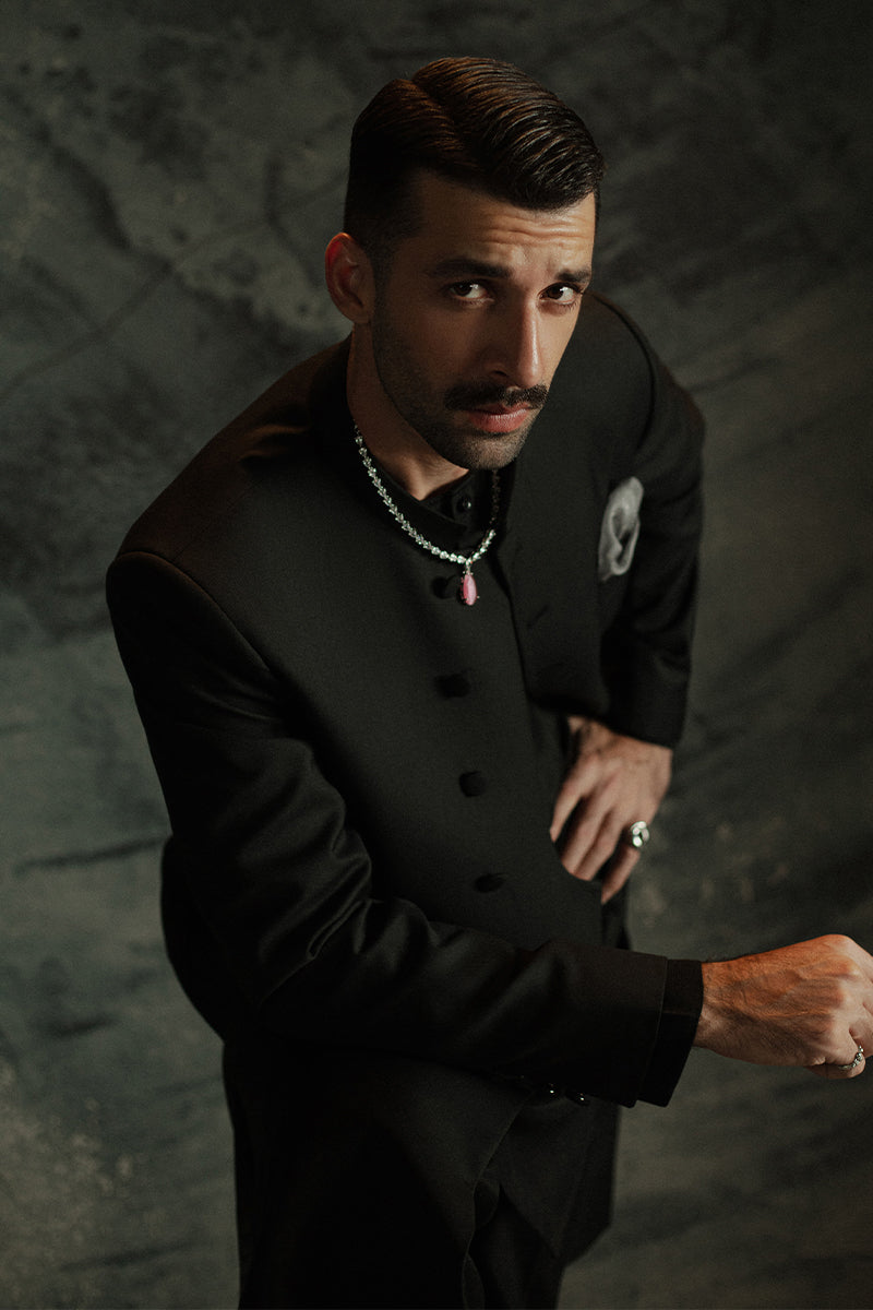 Black Suiting Quaid-Style Achkan Sherwani (2-Piece) - Image 6
