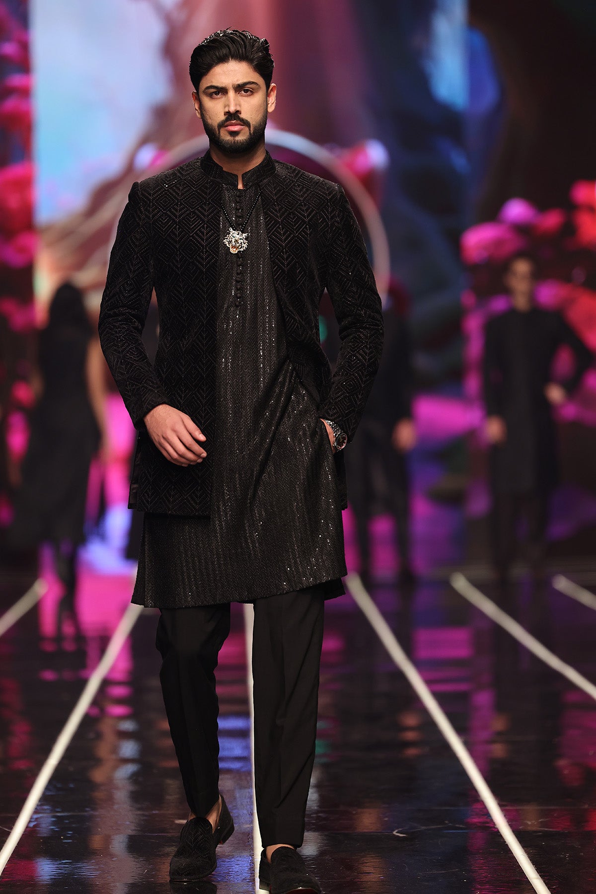 Black Textured Geometric Sherwani (3-Piece) - Image 1