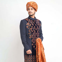 Black Embroidered Velvet Achkan Sherwani (5-Piece) - Image 4