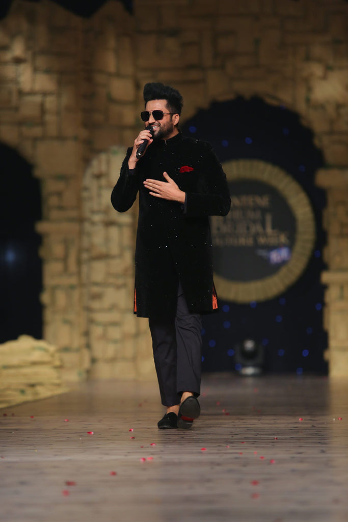 Black Embellished Velvet Achkan Sherwani (2-Piece) - Image 1