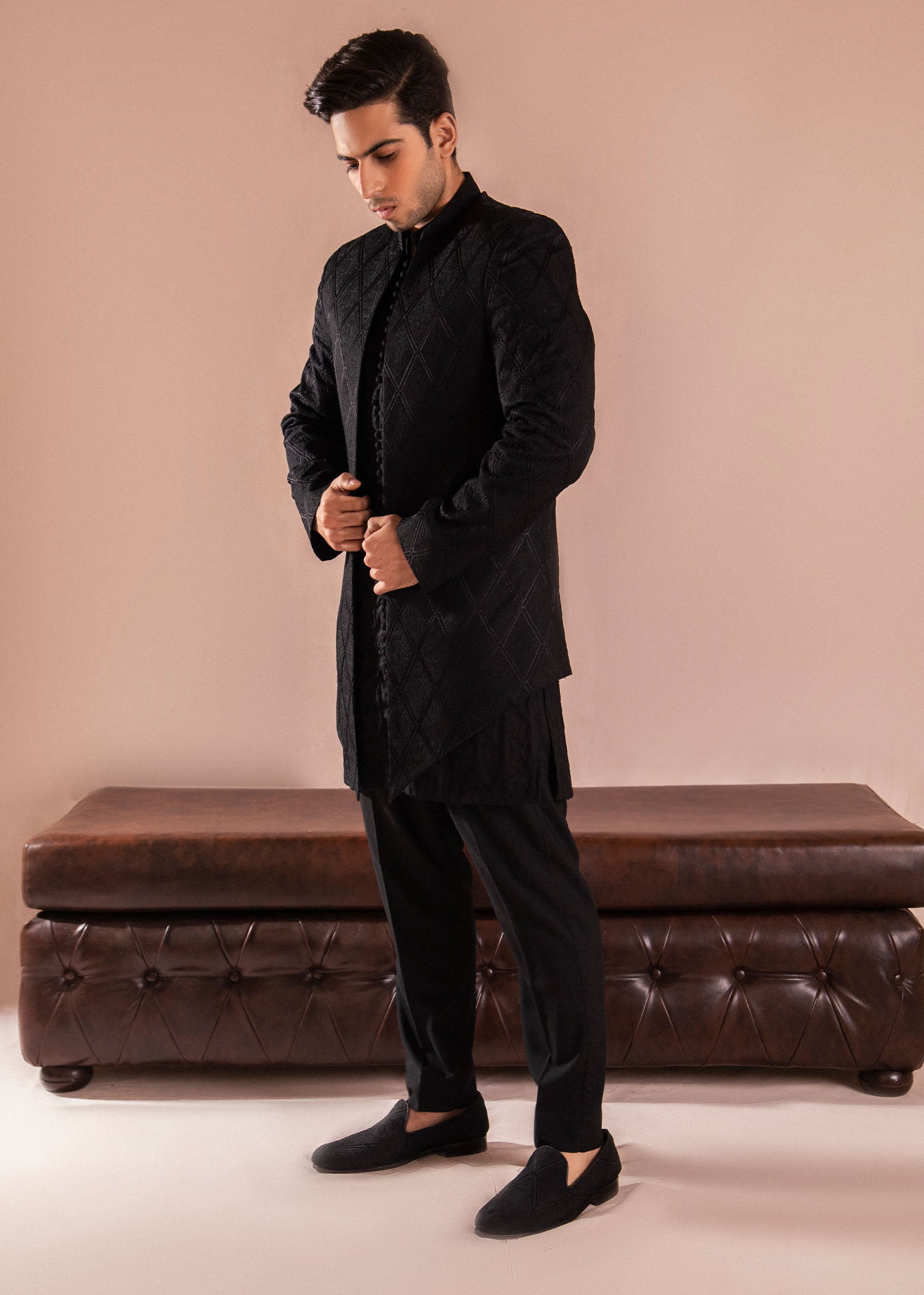 Black Embroidered Wash & Wear Sherwani (3-Piece) - Image 4