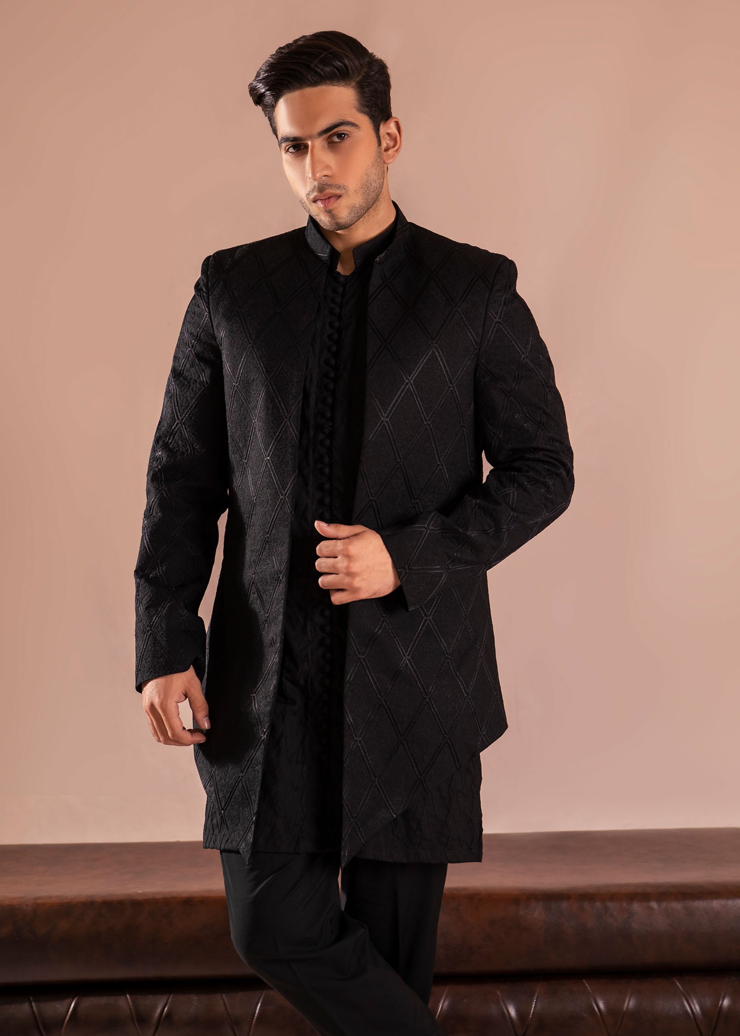 Black Embroidered Wash & Wear Sherwani (3-Piece) - Image 5