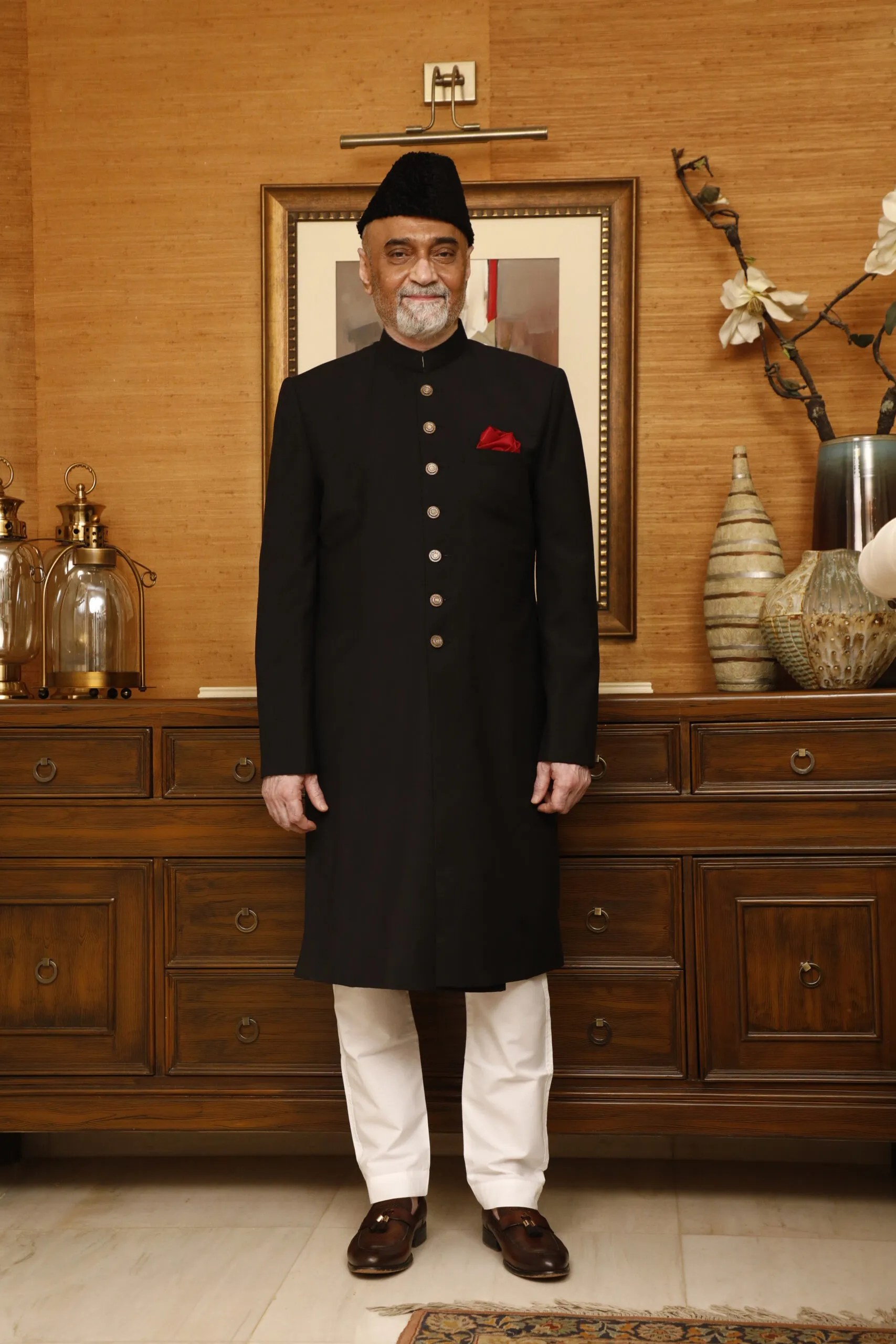 Black Wool-Silk Blend Achkan Sherwani (3-Piece) - Image 1