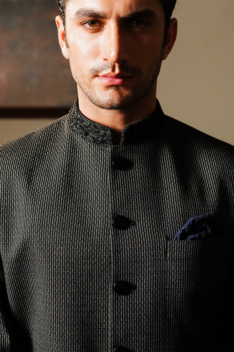 Black Thread-Striped Sherwani with Embellished Band Collar (2-Piece) - Image 6