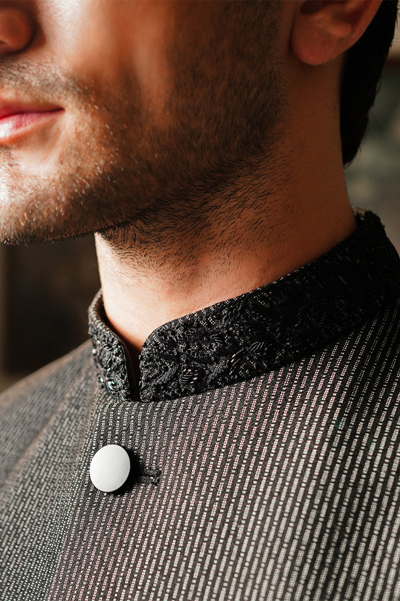 Black Thread-Striped Sherwani with Embellished Band Collar (2-Piece) - Image 7