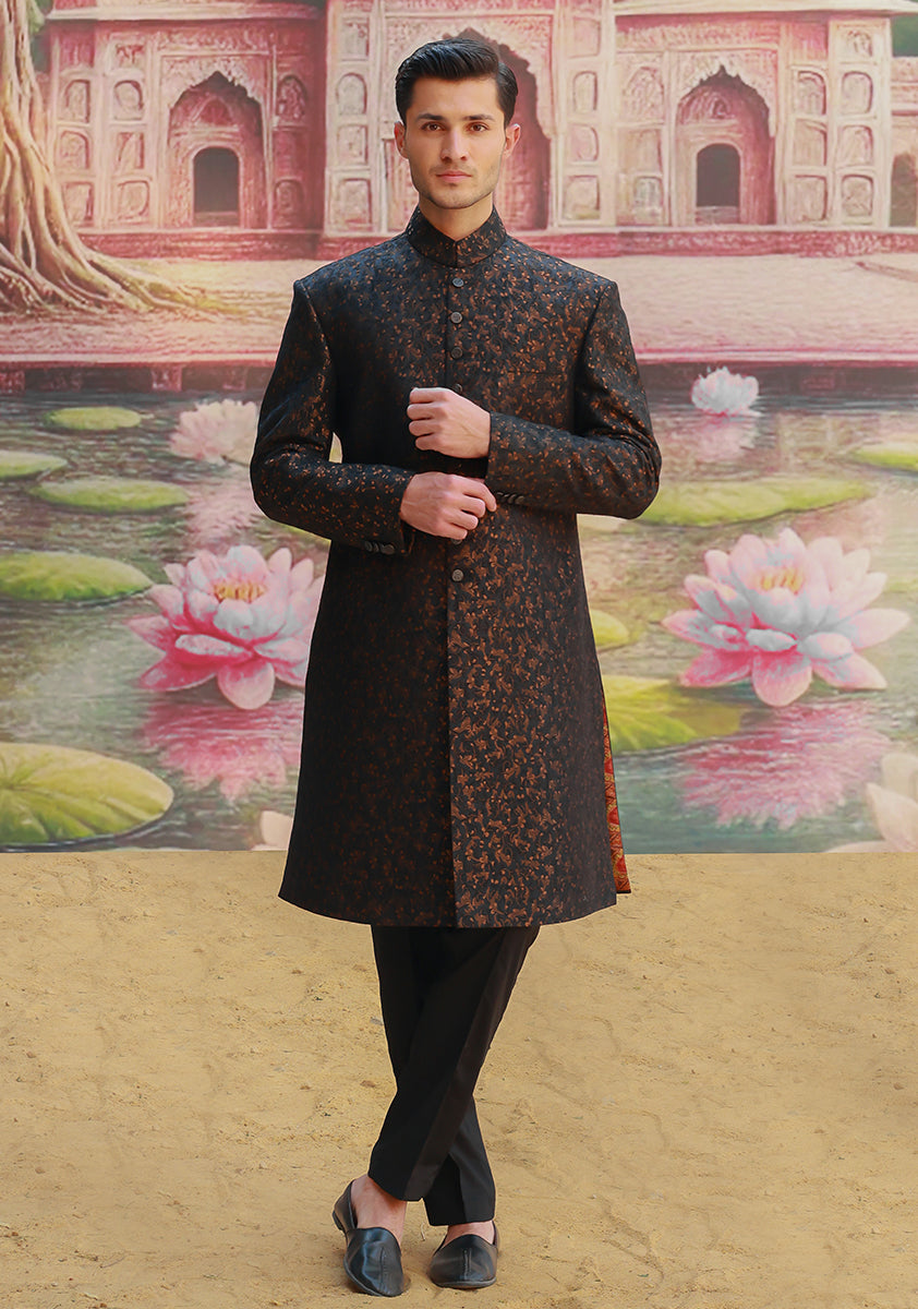 Black Copper Zari Karandi Jamawar Sherwani (2-Piece) - Image 1