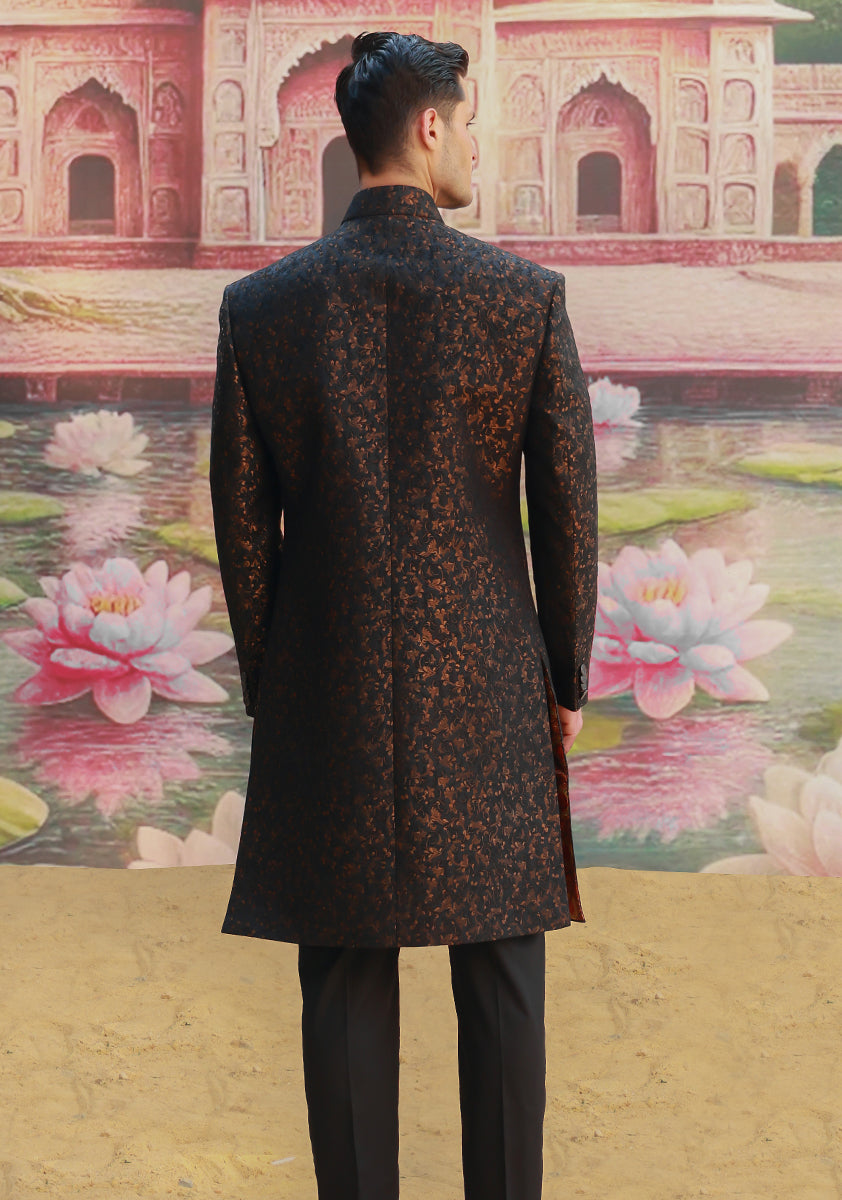 Black Copper Zari Karandi Jamawar Sherwani (2-Piece) - Image 4