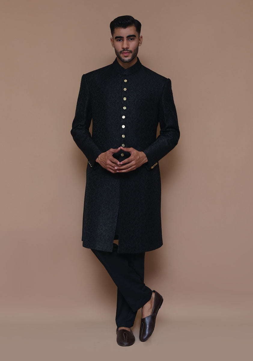 Tap Shoe Black Zari Karandi Jamawar Sherwani (2-Piece) - Image 1