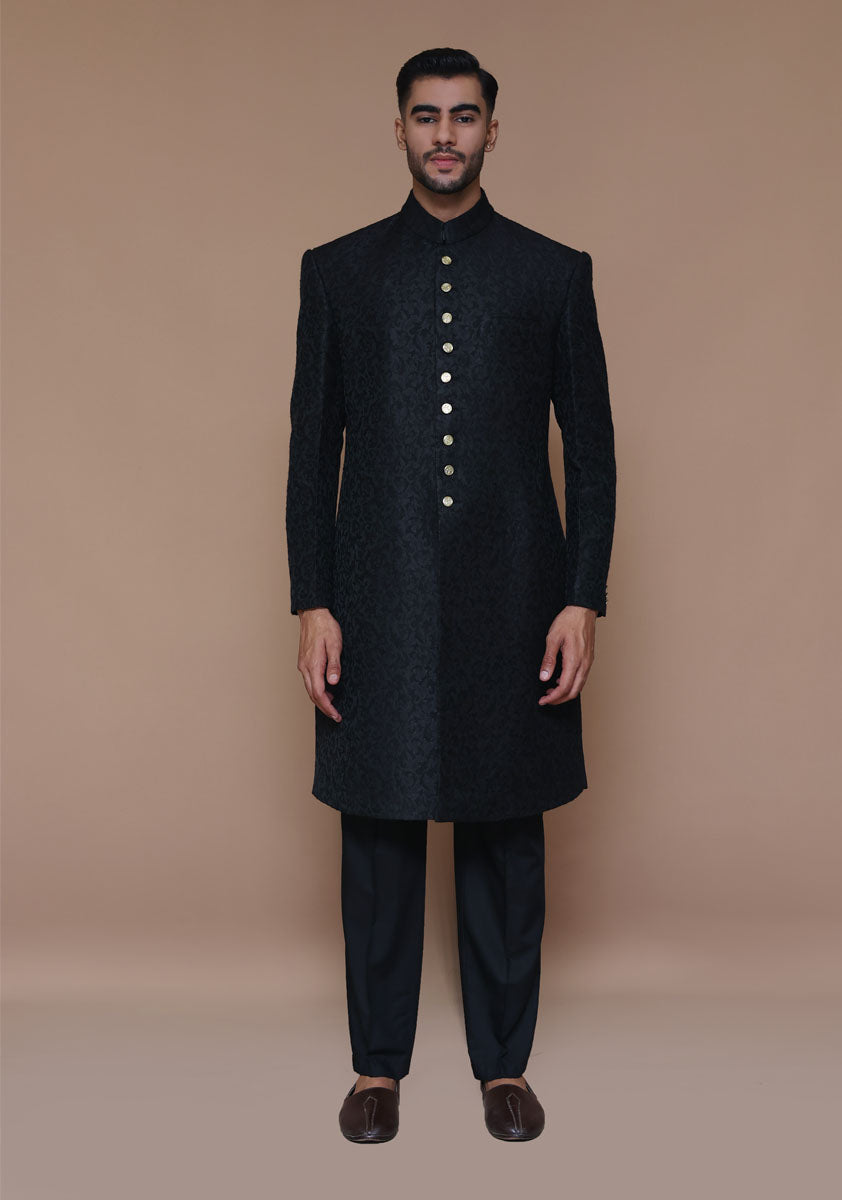 Tap Shoe Black Zari Karandi Jamawar Sherwani (2-Piece) - Image 2