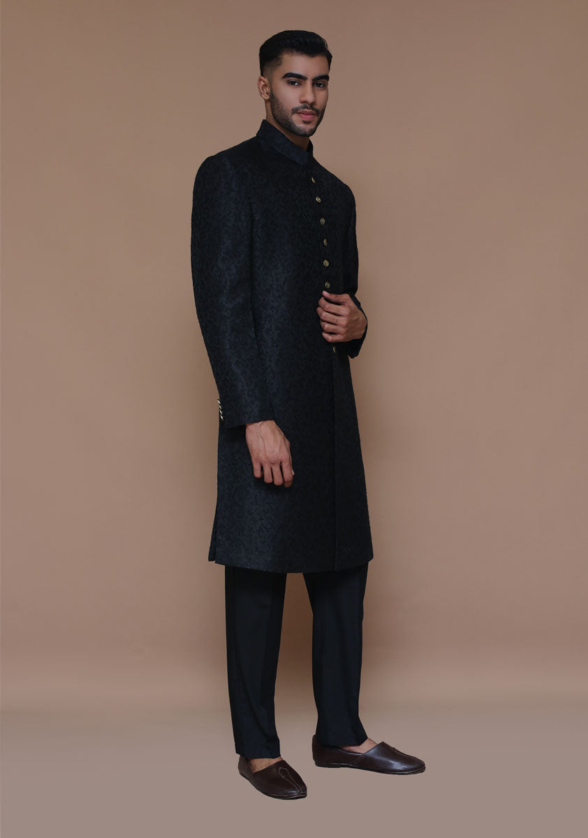 Tap Shoe Black Zari Karandi Jamawar Sherwani (2-Piece) - Image 3