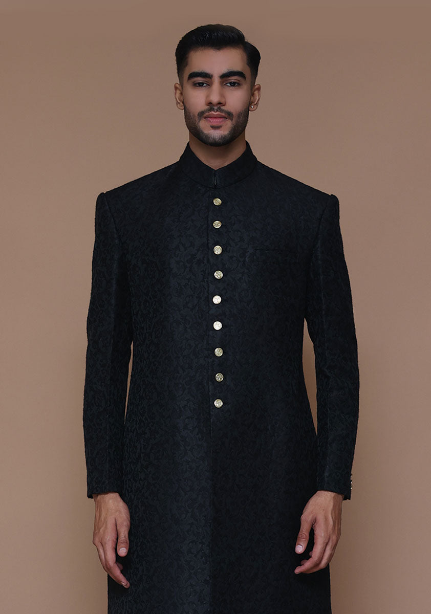 Tap Shoe Black Zari Karandi Jamawar Sherwani (2-Piece) - Image 4