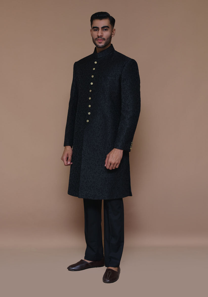 Tap Shoe Black Zari Karandi Jamawar Sherwani (2-Piece) - Image 6