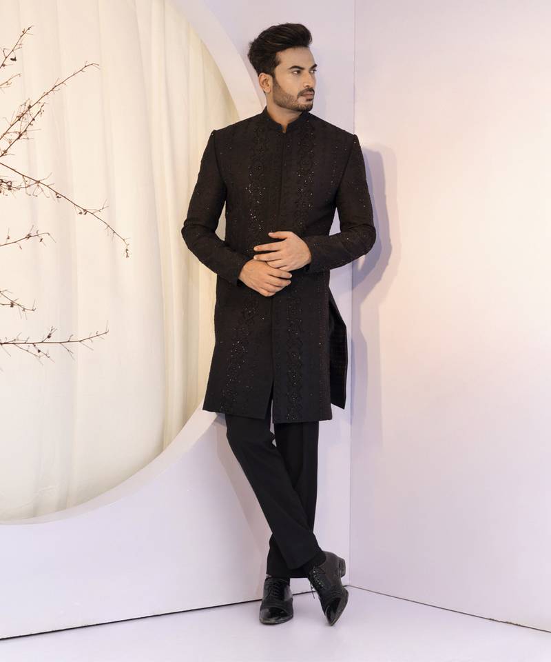 Black Dori Work Silk & Viscose Achkan (2-Piece) - Image 1