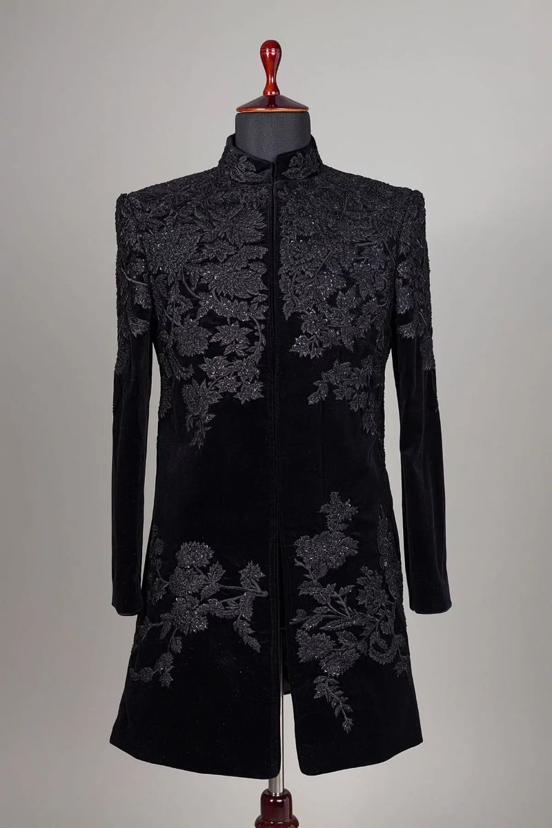 Black Velvet Embroidered Achkan Sherwani (2-Piece) - Image 1