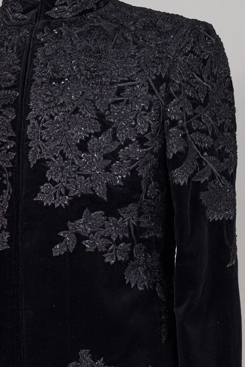 Black Velvet Embroidered Achkan Sherwani (2-Piece) - Image 2