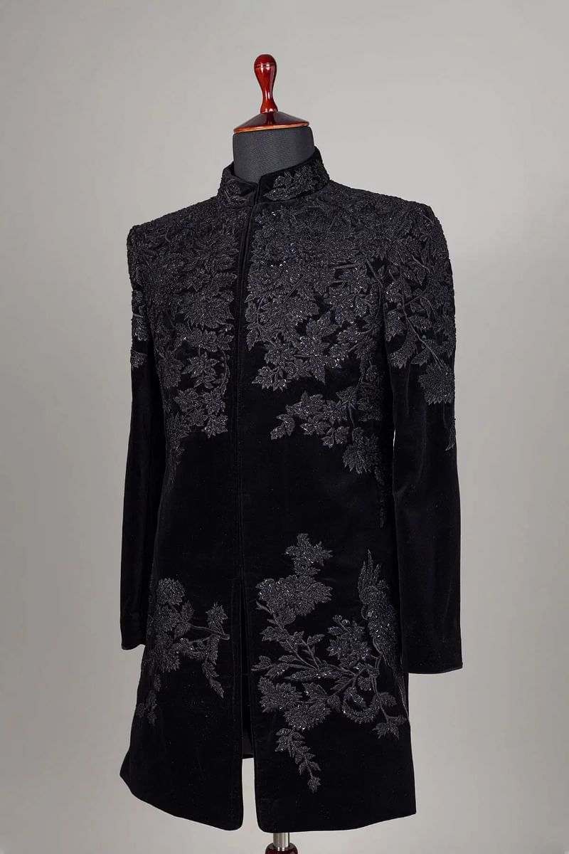 Black Velvet Embroidered Achkan Sherwani (2-Piece) - Image 3