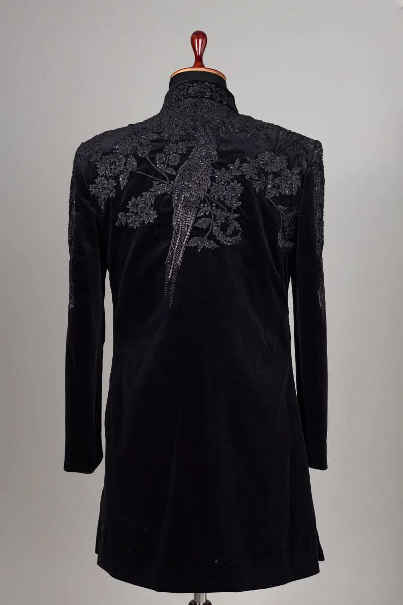 Black Velvet Embroidered Achkan Sherwani (2-Piece) - Image 4