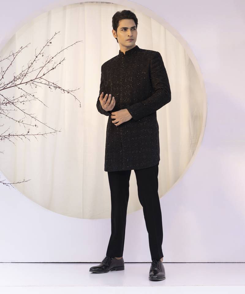 Black Jaal Embroidered Wool-Cotton Achkan (2-Piece) - Image 1