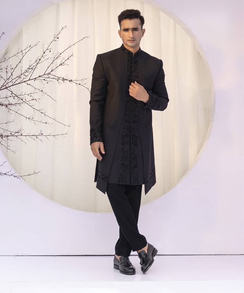 Black Tonal Embroidered Wool-Cotton Achkan (2-Piece) - Image 1