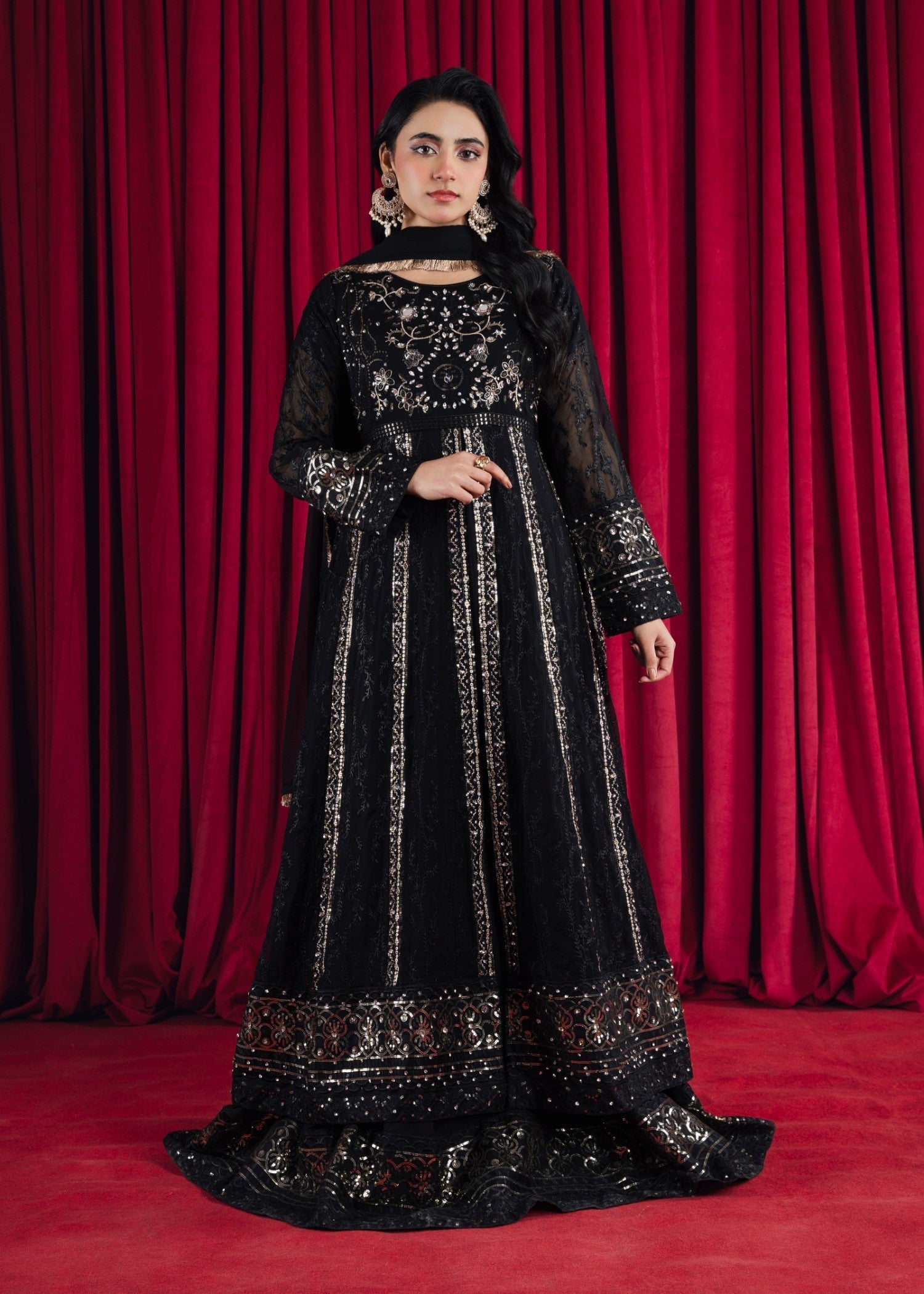 Pakistani Black Embroidered Chiffon Anarkali Maxi (3-Piece) - Image 1