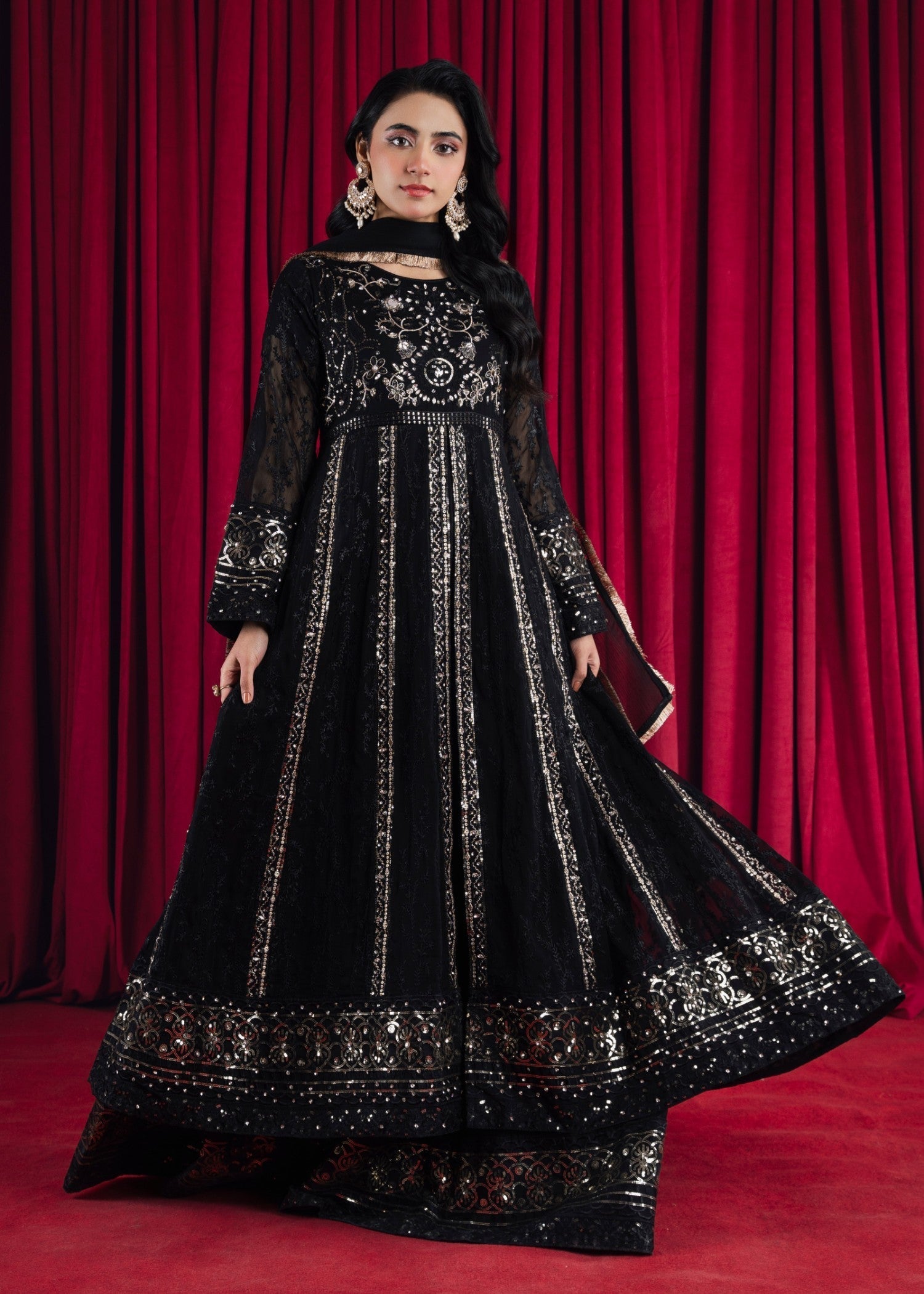 Pakistani Black Embroidered Chiffon Anarkali Maxi (3-Piece) - Image 2