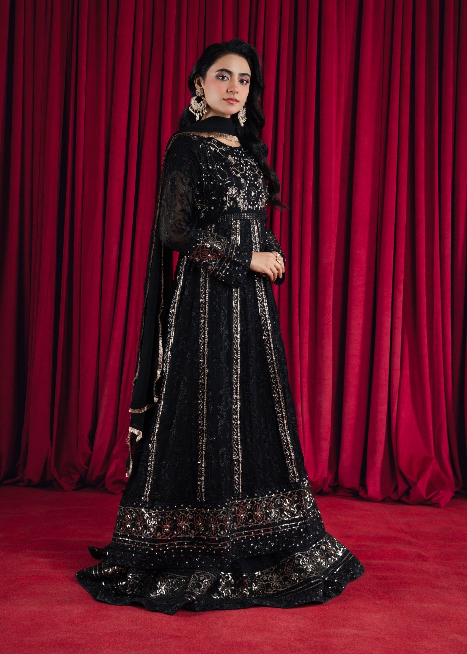 Pakistani Black Embroidered Chiffon Anarkali Maxi (3-Piece) - Image 3