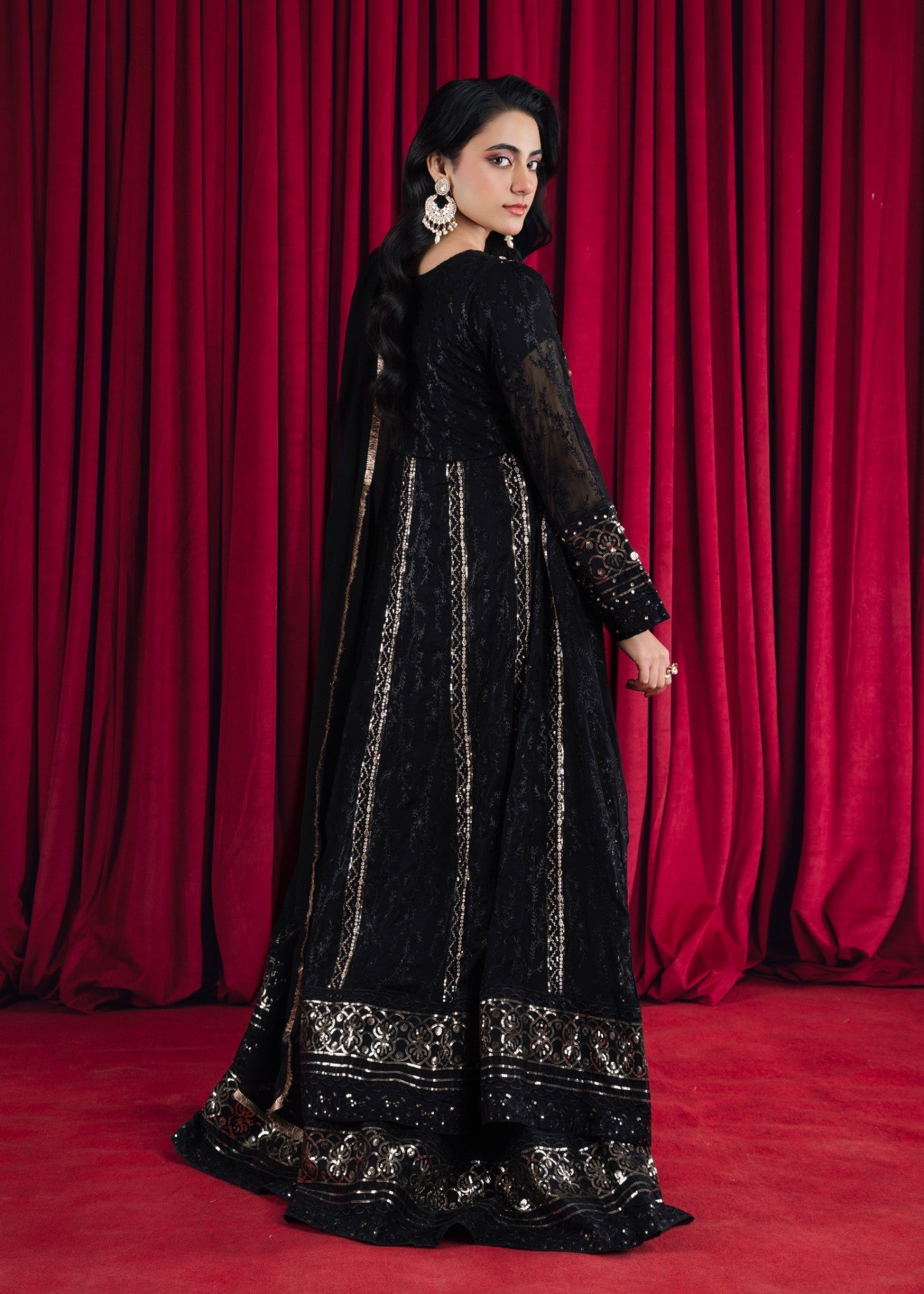 Pakistani Black Embroidered Chiffon Anarkali Maxi (3-Piece) - Image 4