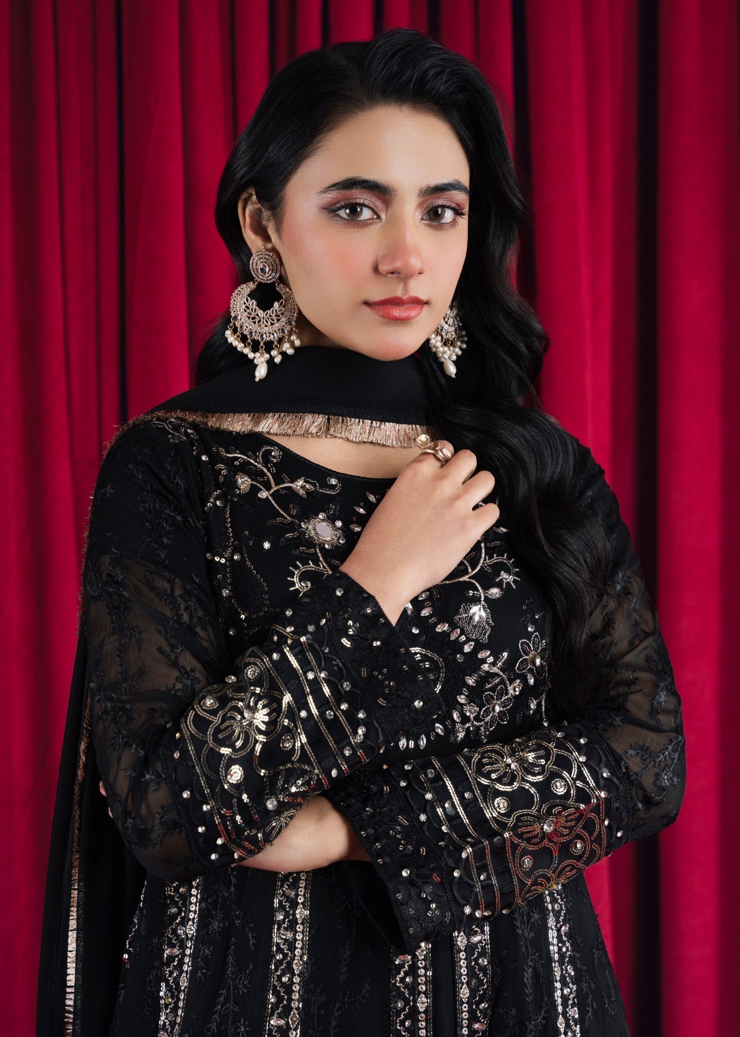 Pakistani Black Embroidered Chiffon Anarkali Maxi (3-Piece) - Image 5