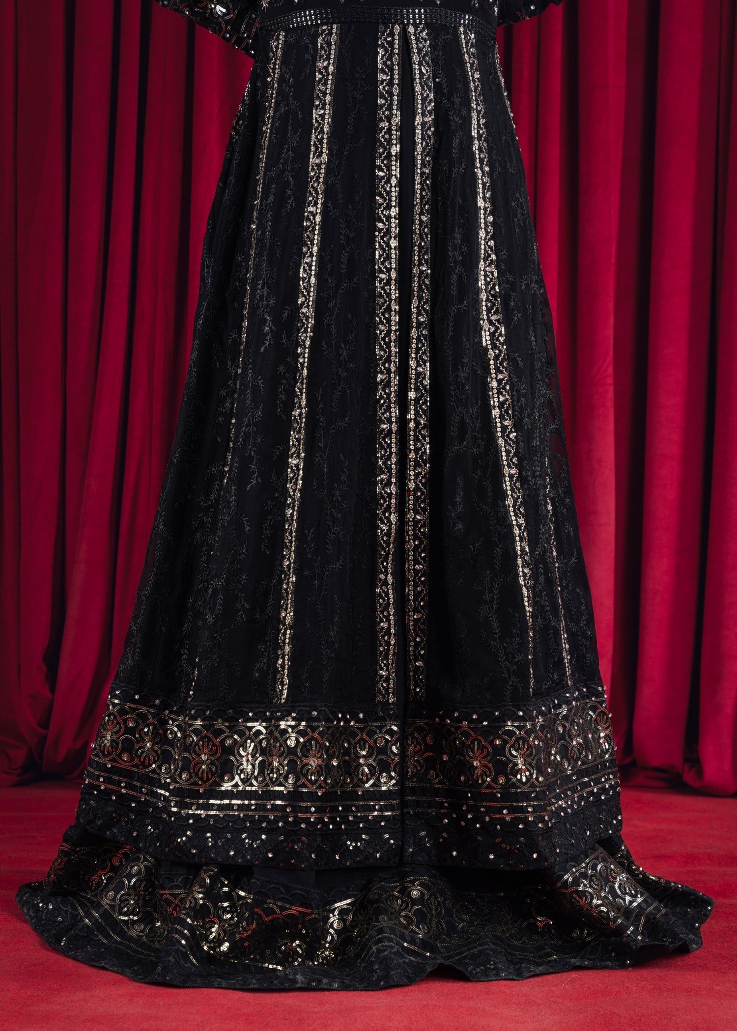 Pakistani Black Embroidered Chiffon Anarkali Maxi (3-Piece) - Image 6