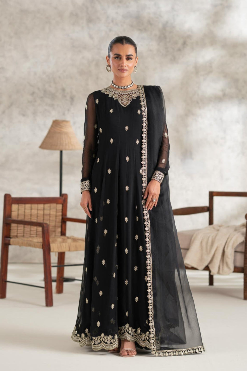 Black Embroidered Chiffon Anarkali Dress (2-Piece) - Image 1