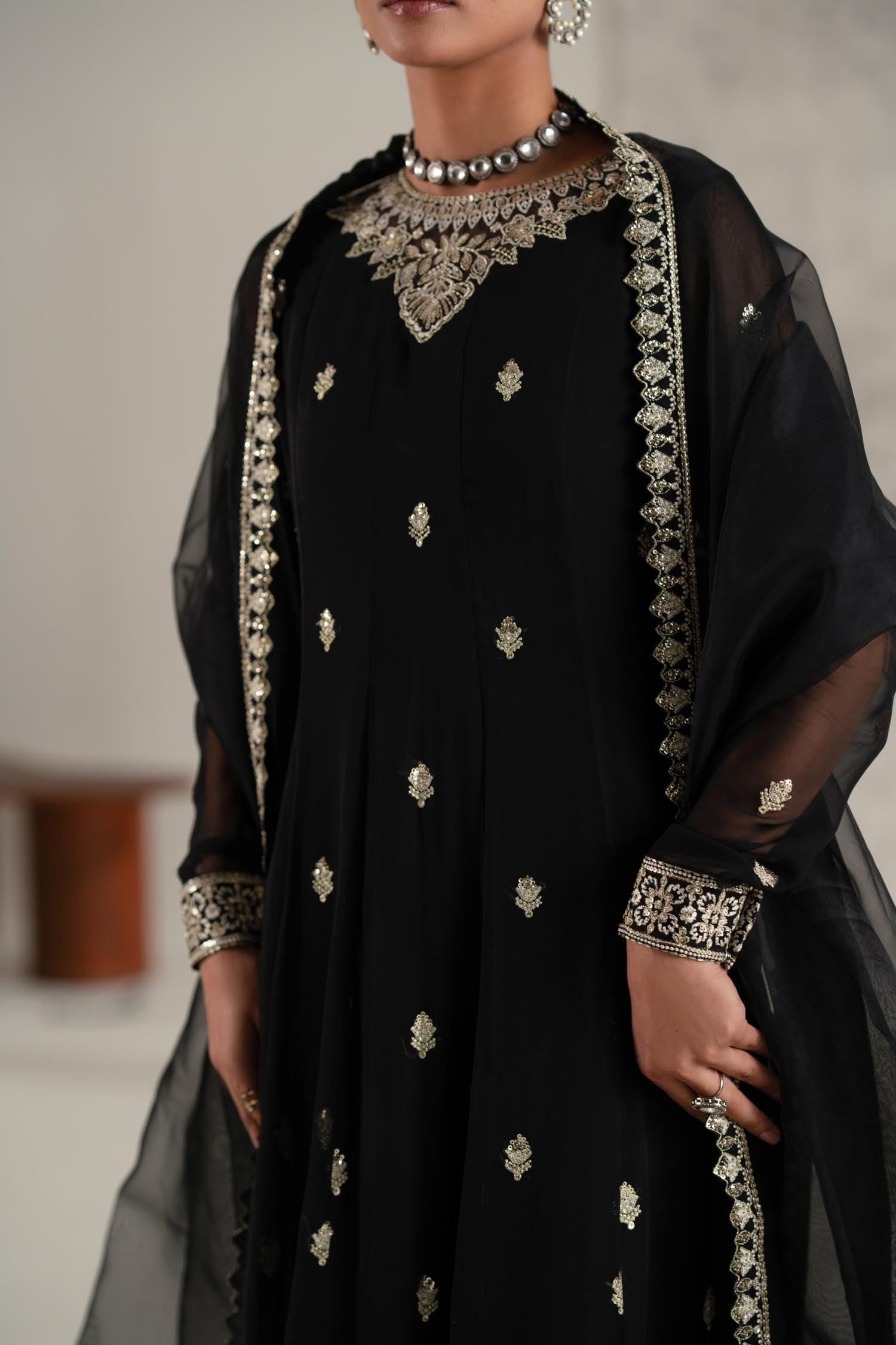 Black Embroidered Chiffon Anarkali Dress (2-Piece) - Image 10