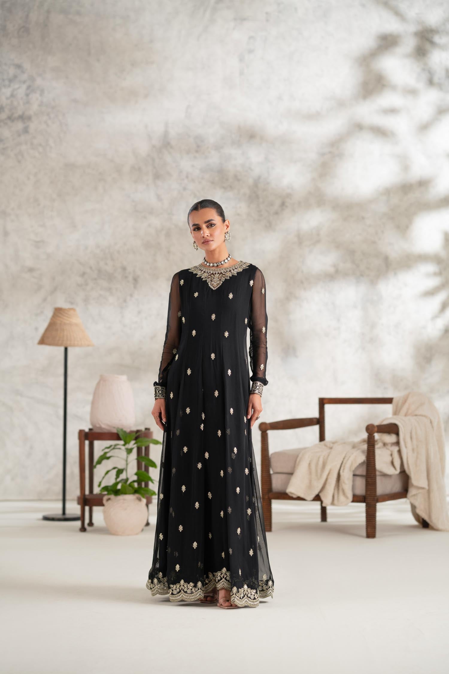 Black Embroidered Chiffon Anarkali Dress (2-Piece) - Image 11