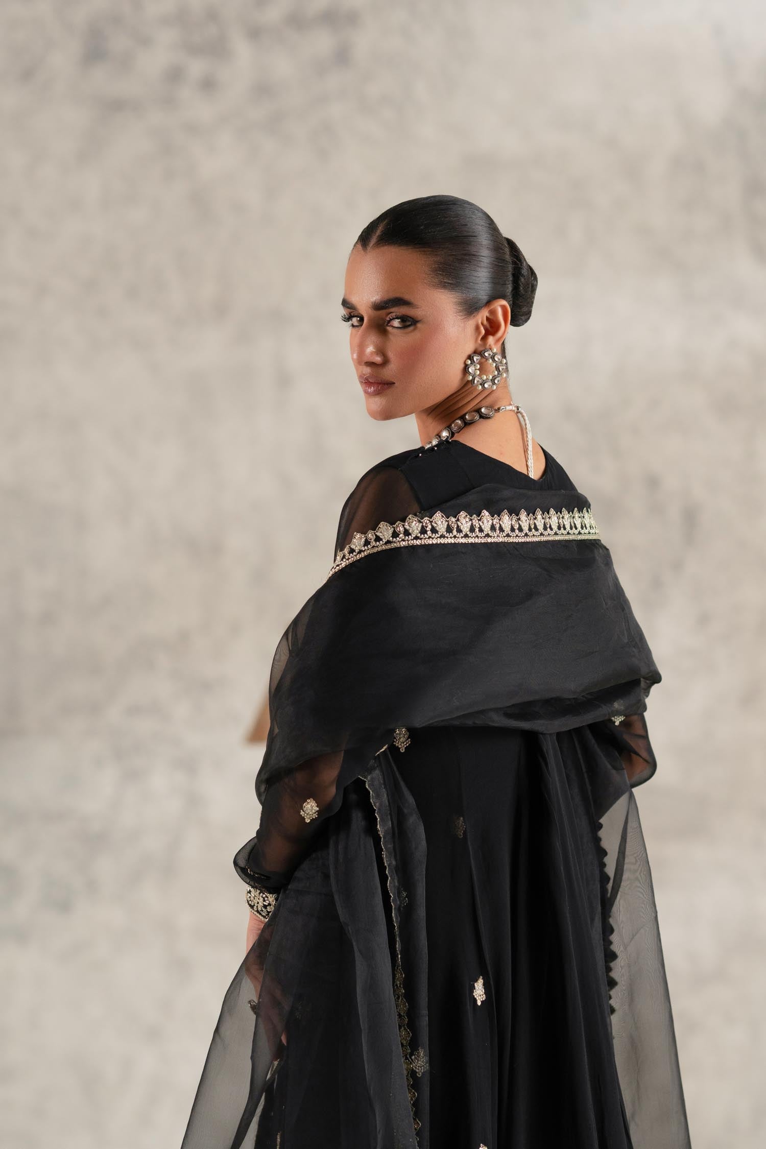 Black Embroidered Chiffon Anarkali Dress (2-Piece) - Image 12