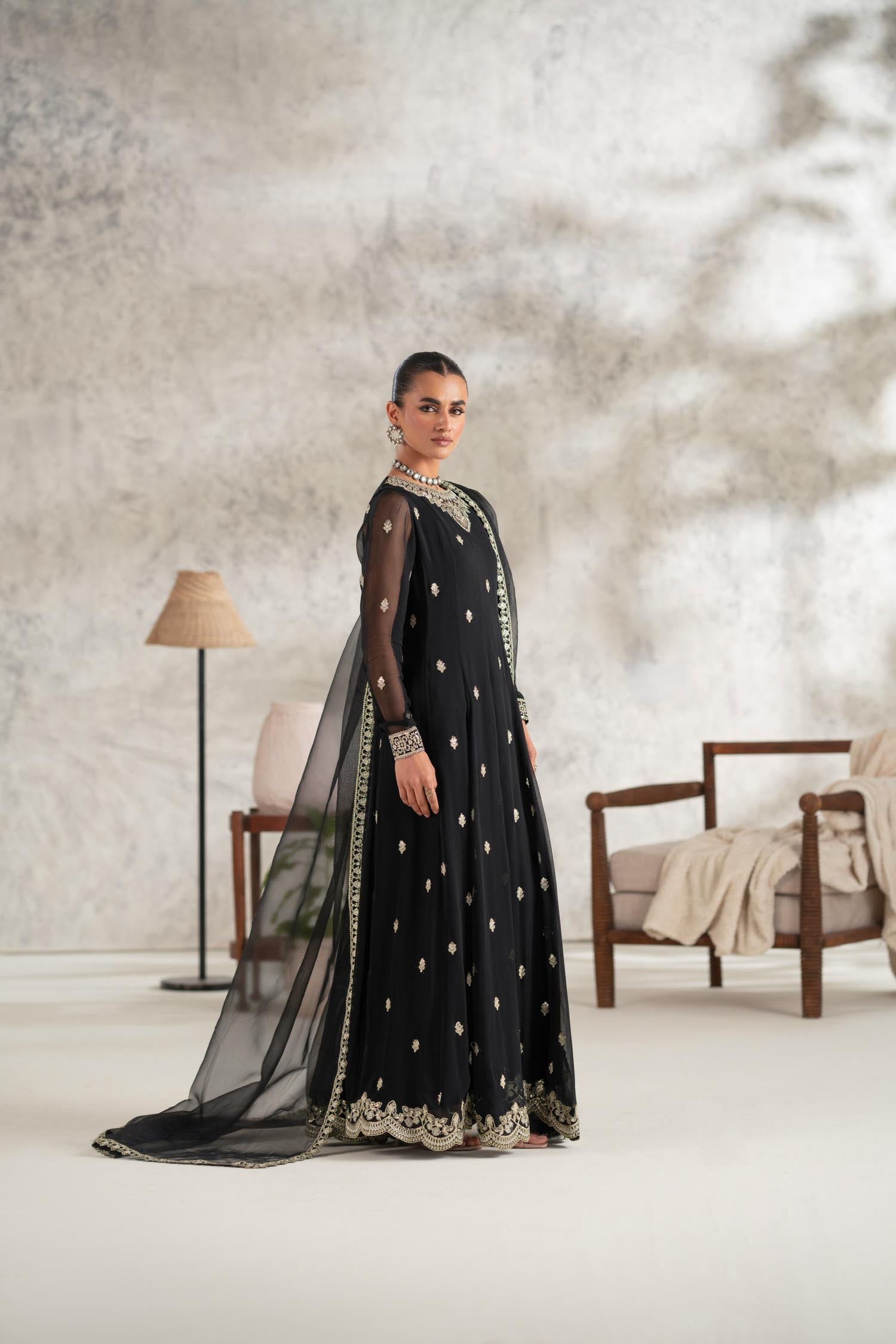 Black Embroidered Chiffon Anarkali Dress (2-Piece) - Image 2