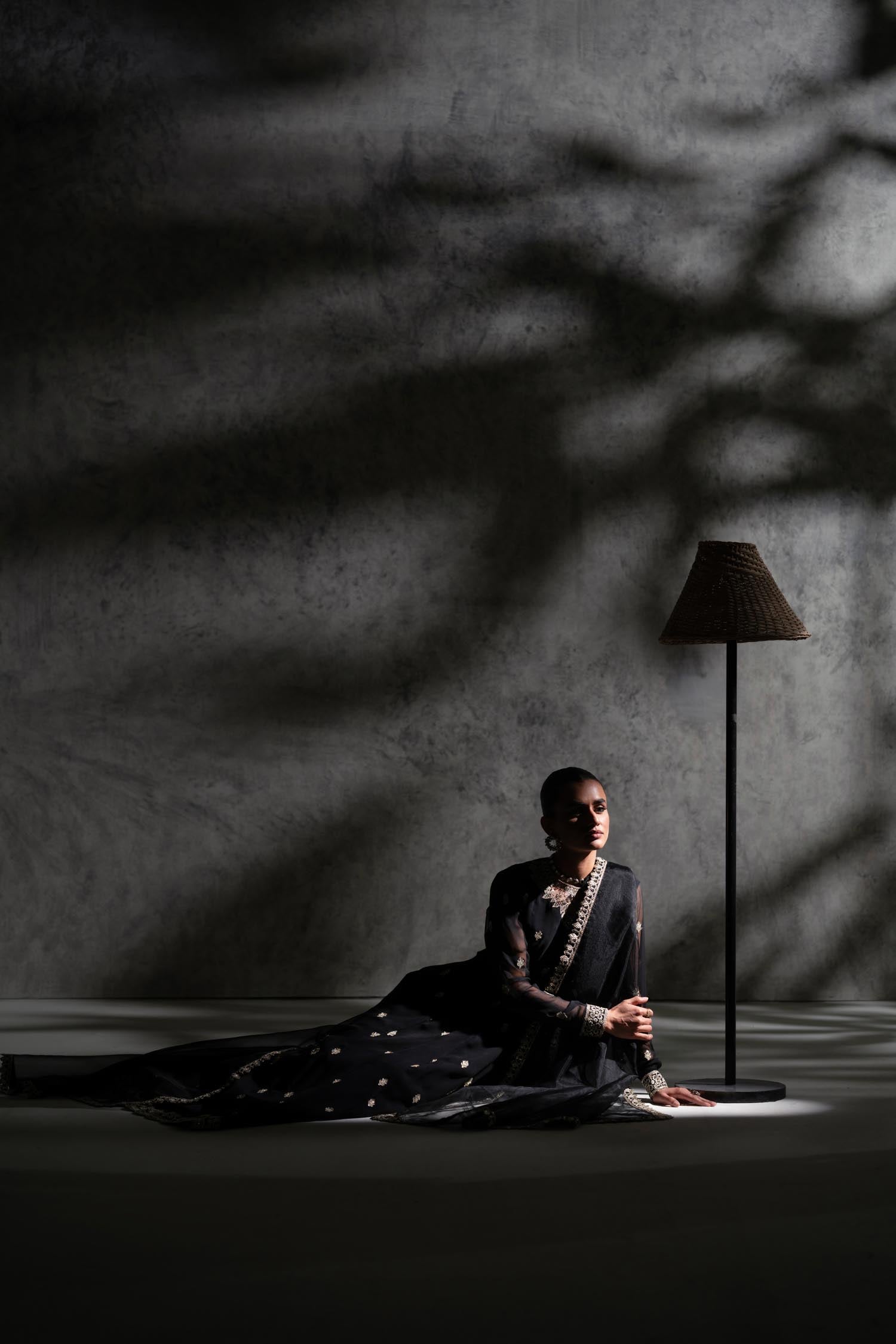 Black Embroidered Chiffon Anarkali Dress (2-Piece) - Image 6